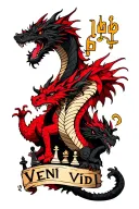 2 dragons 1red and 1 black at the back and their faces are on the chess and on the bottom of the back written veni vidi  tattoo design idea