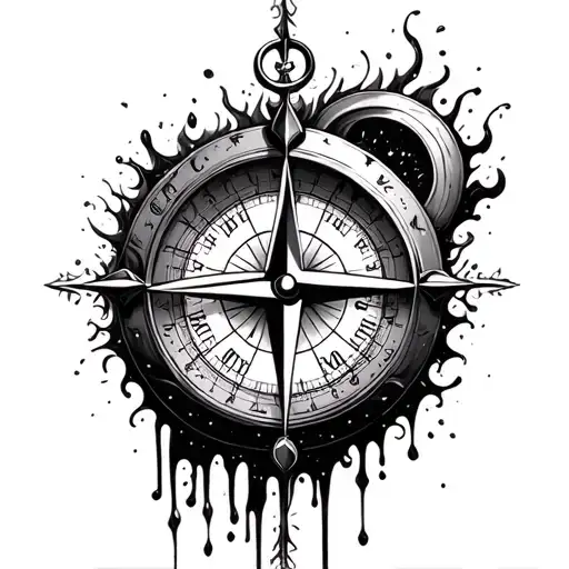 compass and clock melting tattoo design idea