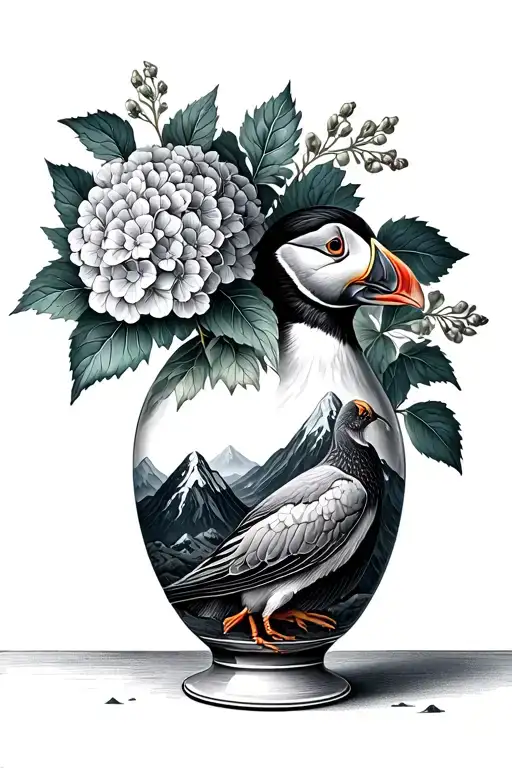 broken vase with puffin dried hydrangeas and mountains tattoo design idea