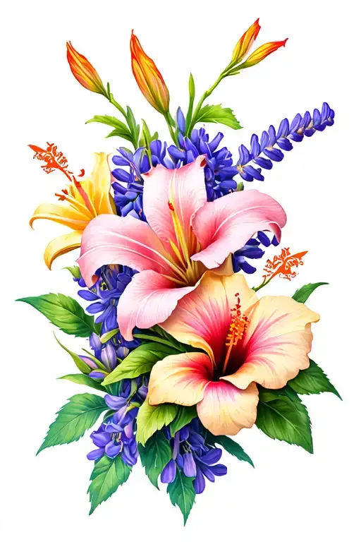 create a sleeve tattoo of a variety of different flowers; spiderlillies, roses, hyacinths, hibiscus, etc. only one flowe tattoo design idea