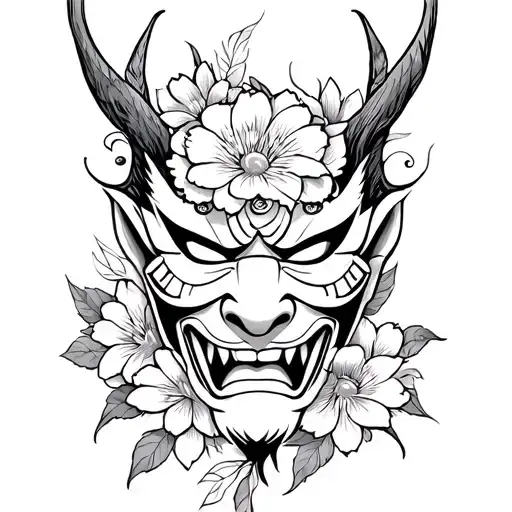 oni mask wrapped in flowers tattoo design idea