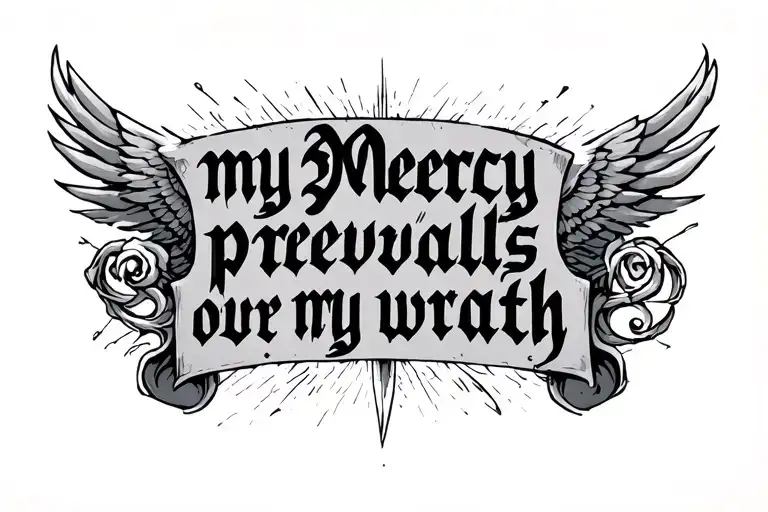 "my mercy prevails over my wrath" in old English  tattoo design idea