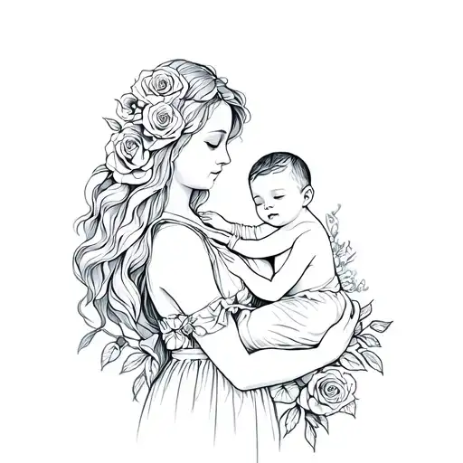 first name of my son born on February 16, 2022 incorporated with roses or woman holding her child tattoo design idea