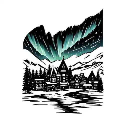 Northern lights over small town skyline tattoo design idea