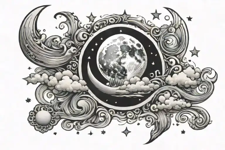 moon shining with stars and clouds surrounding tattoo design idea