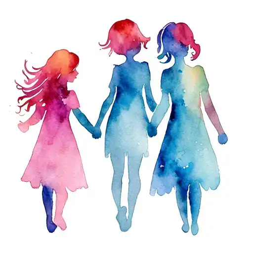 Mom hugging 2 daughters holding hands tattoo design idea