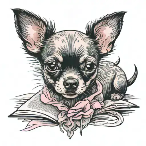 pink chihuahua book tattoo design idea
