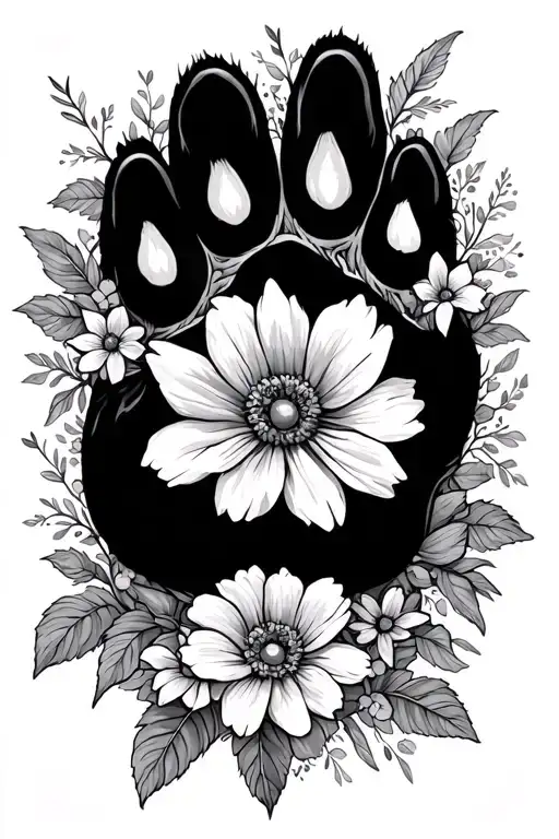 dog paw and flowers intertwined within tattoo design idea