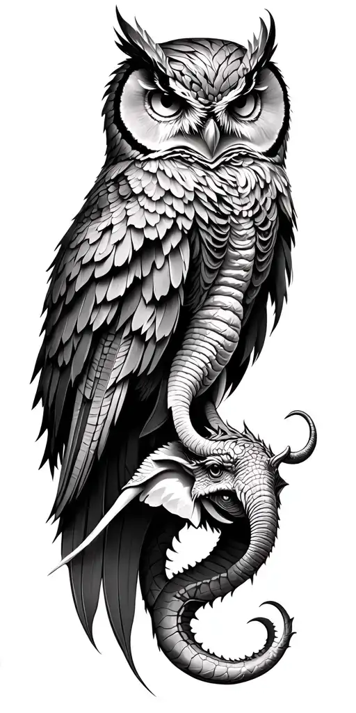 Owl And Elephant and dragon wrapped tattoo design idea
