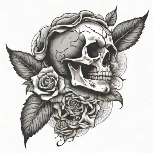 rose with patels flying out of it and the skull under the rose,  tattoo design idea