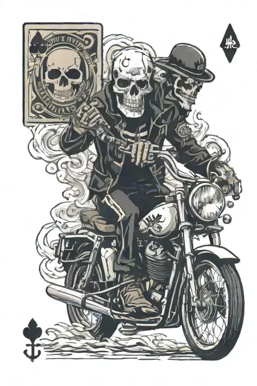 skeleton riding a motorcycle smoking a cigarette, ace of spades card, liquor tattoo design idea