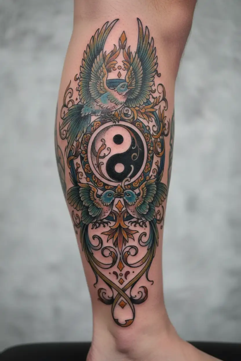 A yin yang symbol with birds flying in opposite directions, symbolizing balance and freedom tattoo design idea