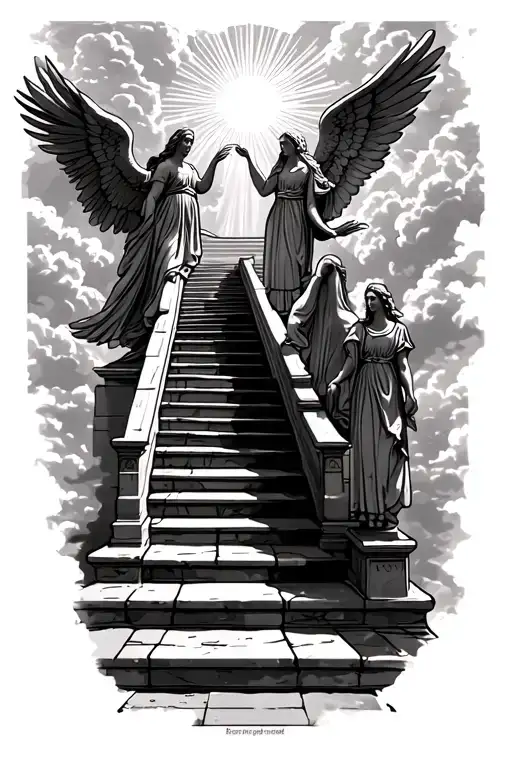 stairway to heaven walking up stairs angels sun rays clouds heaven gate at the top of the stairs  tattoo design idea