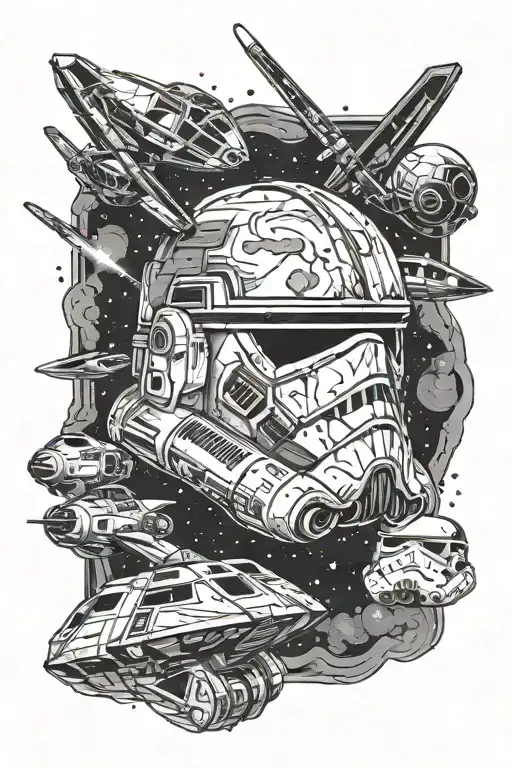 black space background with millenium falcon, x-wing and storm trooper helmet tattoo design idea
