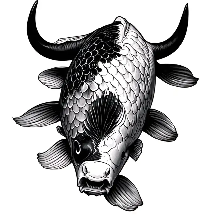 koi fish with bull head only black White tattoo design idea
