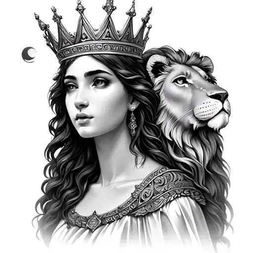 rhea greek goddess of motherhood wearing crown with lion and moon tattoo design idea