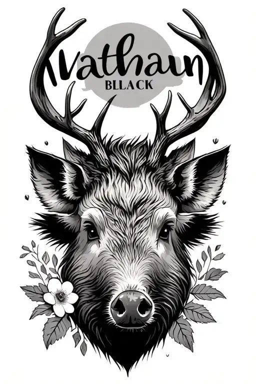 wild boar, deer wood and flowers with the first name Nathan tattoo design idea
