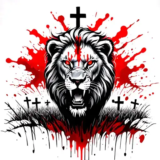 bloody lion with red eyes hovering over faded crosses in a field and roaring like it's ready for more challenges tattoo design idea