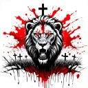 bloody lion with red eyes hovering over faded crosses in a field and roaring like it's ready for more challenges tattoo design idea