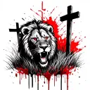 bloody lion with red eyes hovering over faded crosses in a field and roaring like it's ready for more challenges tattoo design idea