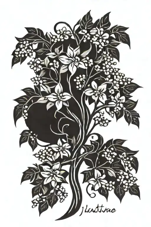 a lilac flower tree with the name Justine wrapped around the branches  tattoo design idea