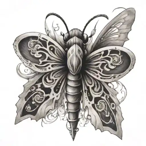 Cross and a mix between a butterfly and a moth emerging tattoo design idea