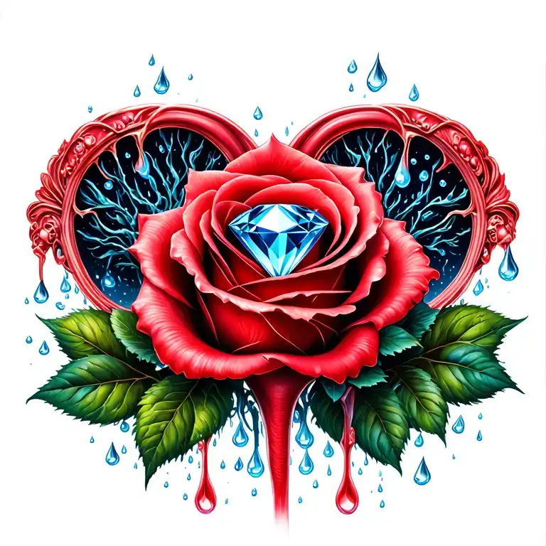 side-view 1 blue diamond, red rose, rain drops, surrounded by ovaries fallopian tubes uterus, vagina, feminine, goddess tattoo design idea