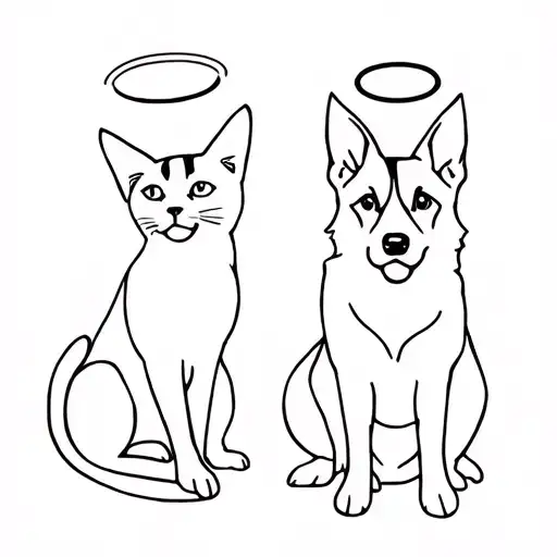 fine line outline of a calico cat and a German shepherd with halos over their head  tattoo design idea