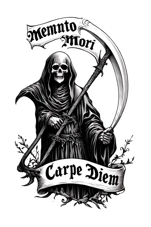 "Memento Mori Carpe Diem" Grim reaper holding a scythe tattoo design idea