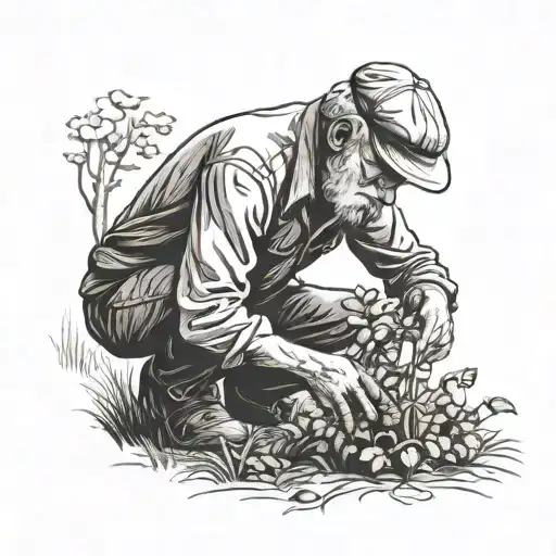 an old man with an irish cap planting a walnut tree in a field with care tattoo design idea