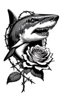 shark swimming around barbed wire rose tattoo design idea