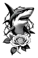 shark swimming around barbed wire rose tattoo design idea