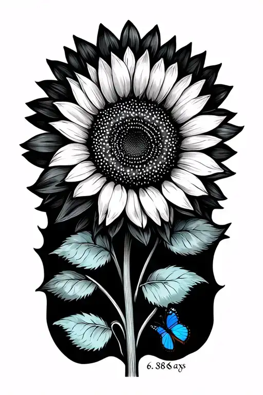 black & white fine line sunflower with initials S H incorporated into the stem & blue butterfly & 6,888 days at bottom tattoo design idea