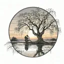 weeping willow tree at sunset with couple sitting tattoo design idea