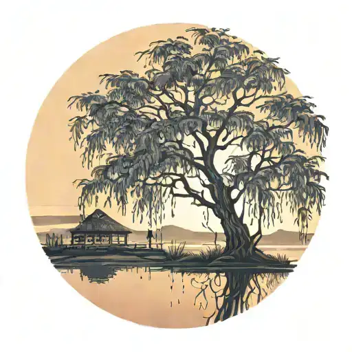 weeping willow tree at sunset with couple sitting tattoo design idea