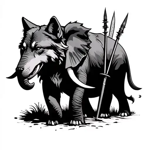 wolf  and spears and elephant  tattoo design idea
