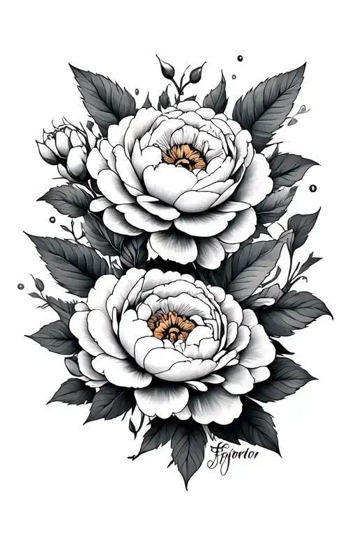 neo traditional peonies around pretty and  flourished calligraphy lettering of Gabriel  tattoo design idea