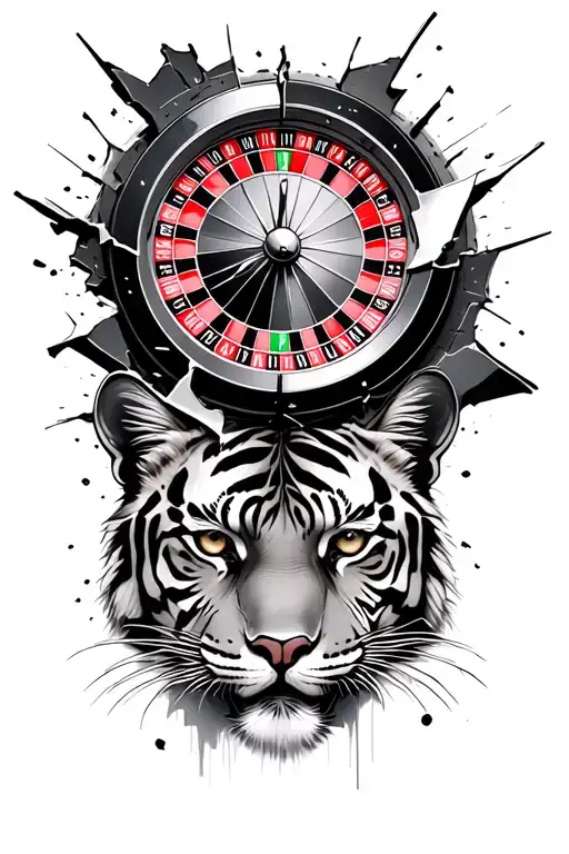 roulette wheel one side with clock shattered on other with tiger eyes below  tattoo design idea