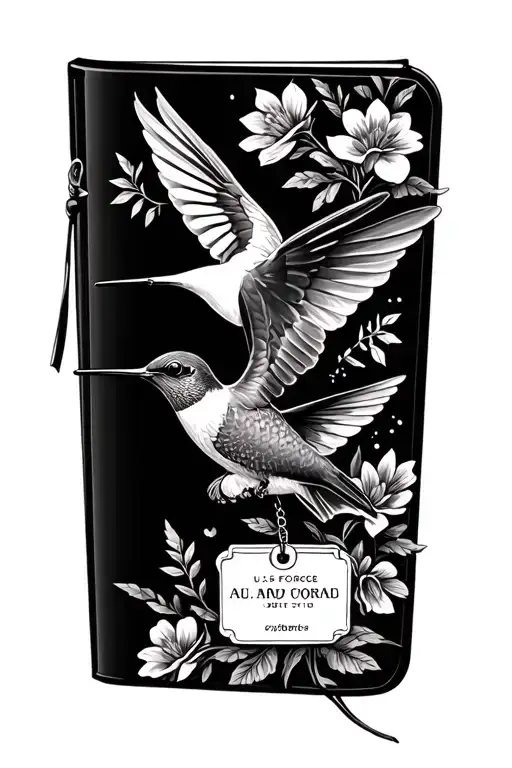 flowers with hummingbird flying carrying a US Air force tag a journal feminine classy  tattoo design idea