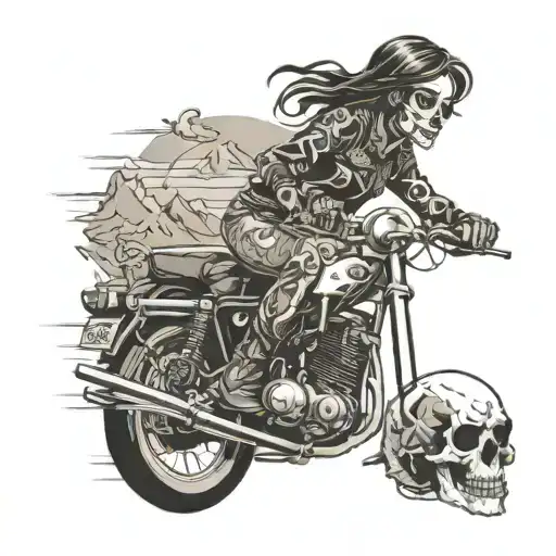 girl on a motor bike with mountains and skull as sun tattoo design idea
