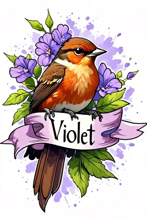 wren bird on a violet and a banner with the name violet in it tattoo design idea