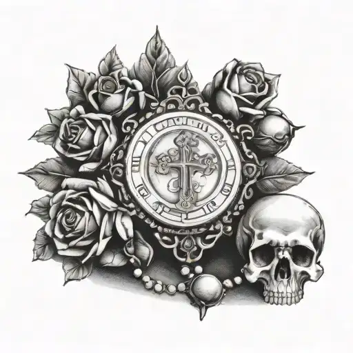 cathlic prayer, roseary beads, memories of past present future tattoo design idea