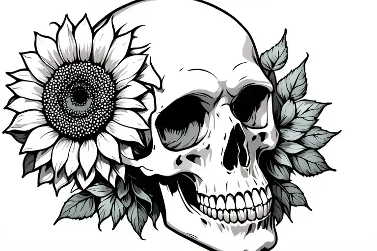 gothic rose sunflower inside skull tattoo design idea