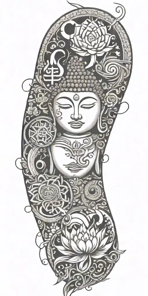 Blend Buddhist symbols, fine-line wood grain, anime elements, and subtle gaming symbols into a cohesive, flowing design tattoo design idea