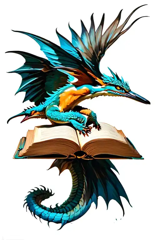 realistic dragon with book open and a kingfisher flying upward  tattoo design idea