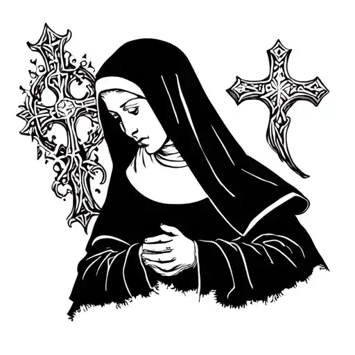 Nun biting cross tattoo design idea