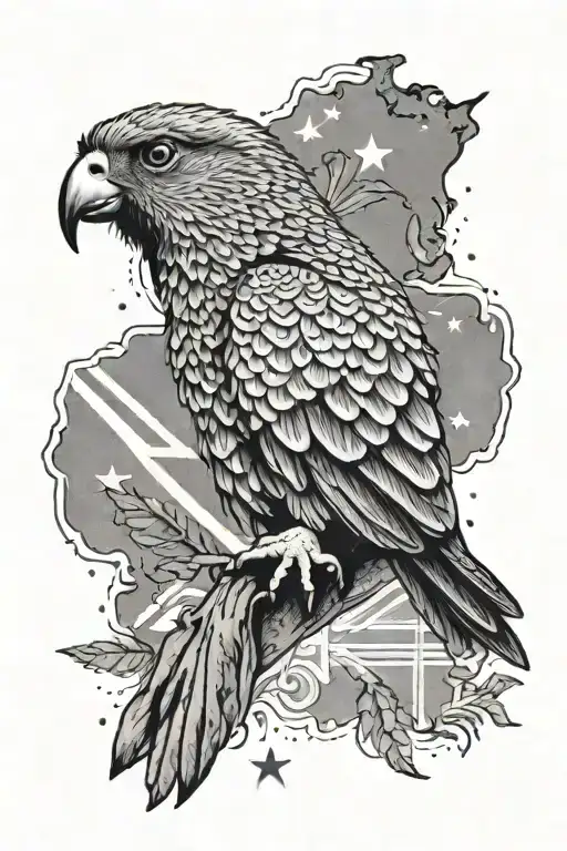 Kea bird in front of New Zealand flag waving full sleeve tattoo design idea