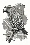 Kea bird in front of New Zealand flag waving full sleeve tattoo design idea
