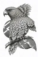 Kea bird in front of New Zealand flag waving full sleeve tattoo design idea