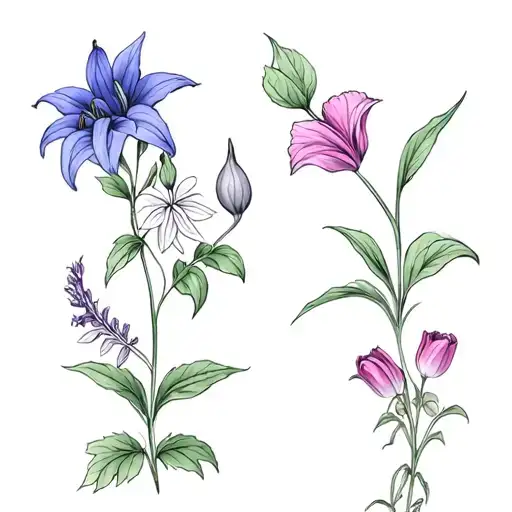 flowers with blue toad lily, coleus, foxglove, petunias, tulips, guara, columbines, fuchsia, and lots of greenery tattoo design idea